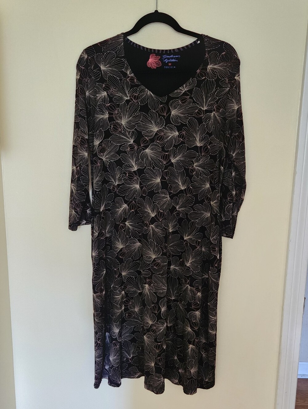 Gudrun Sjoden Black Floral Dress Stretch Pockets Loose Flowy Modest Boho M